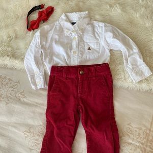 Janie and Jack red corduroy pants and white collared shirt